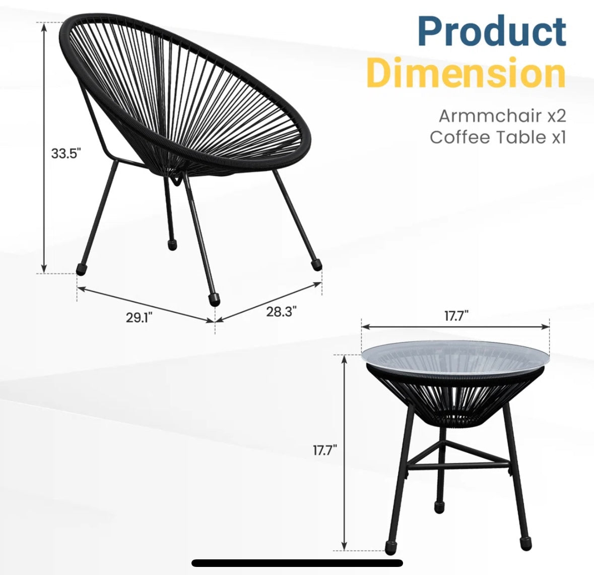 3-Piece Rattan Patio Bistro Set – Acapulco-Style Chairs with Glass Table (Black & Grey)