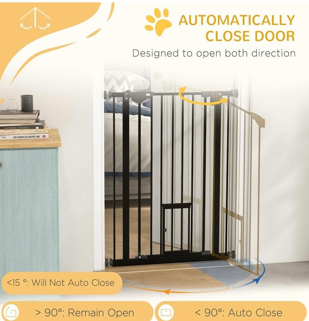 PawHut Alloy Steel Auto-Close Pet Gate – Safety Gate with Cat Door