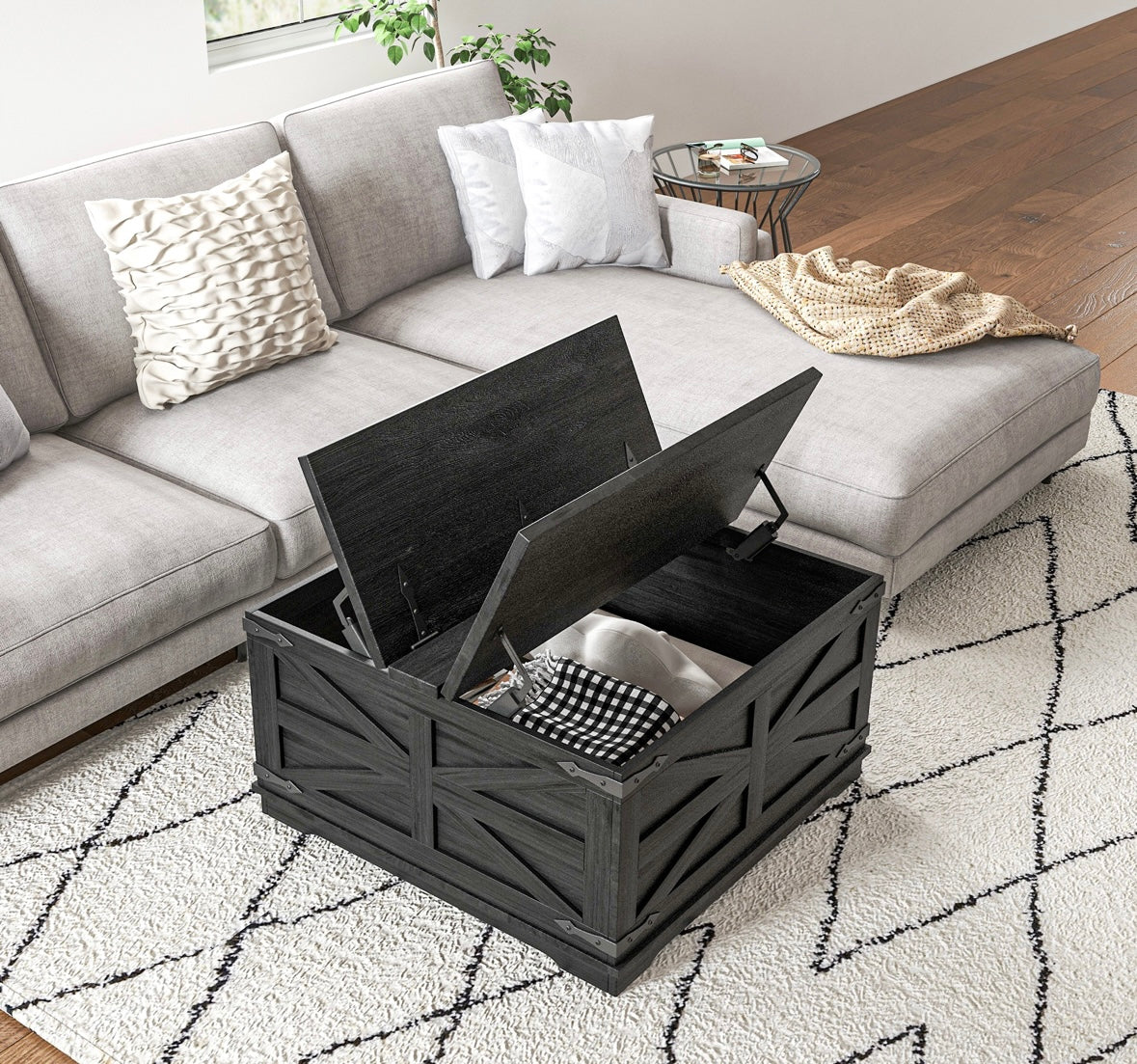 Farmhouse Lift-Top Coffee Table with Hidden Storage – Rustic Square Center Table with Flip-Top Design