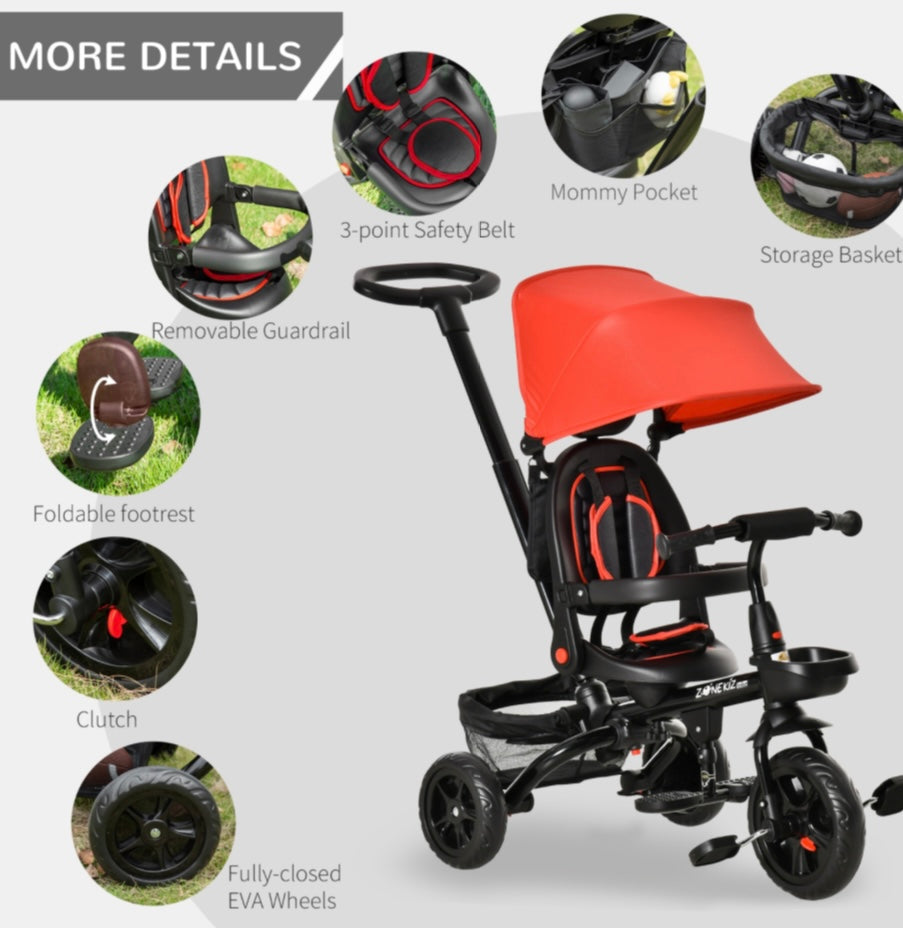 4-in-1 Kids Tricycle with Parent Handle, Adjustable Seat & Canopy – Reversible Seat, Storage Baskets & Safety Belt