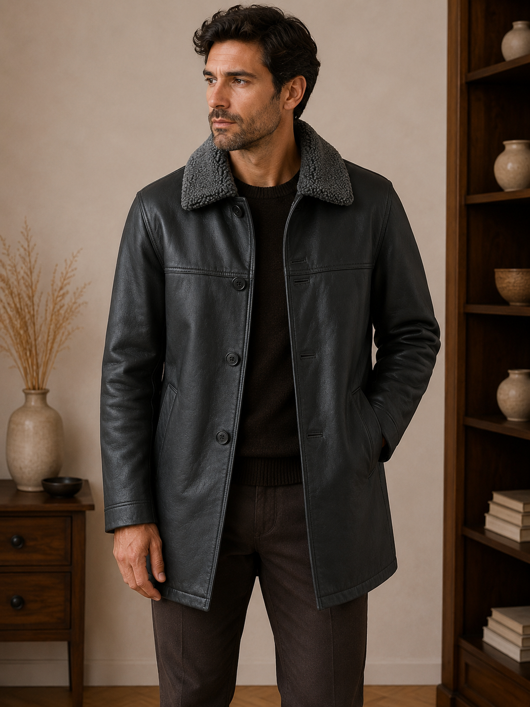 Men’s Black Sherpa Collar Leather Jacket