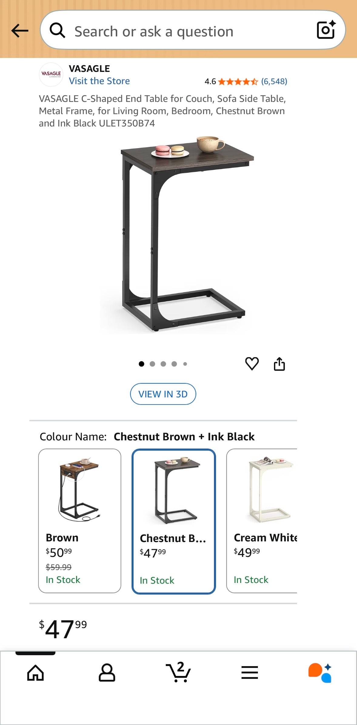 VASAGLE C-Shaped Side Table