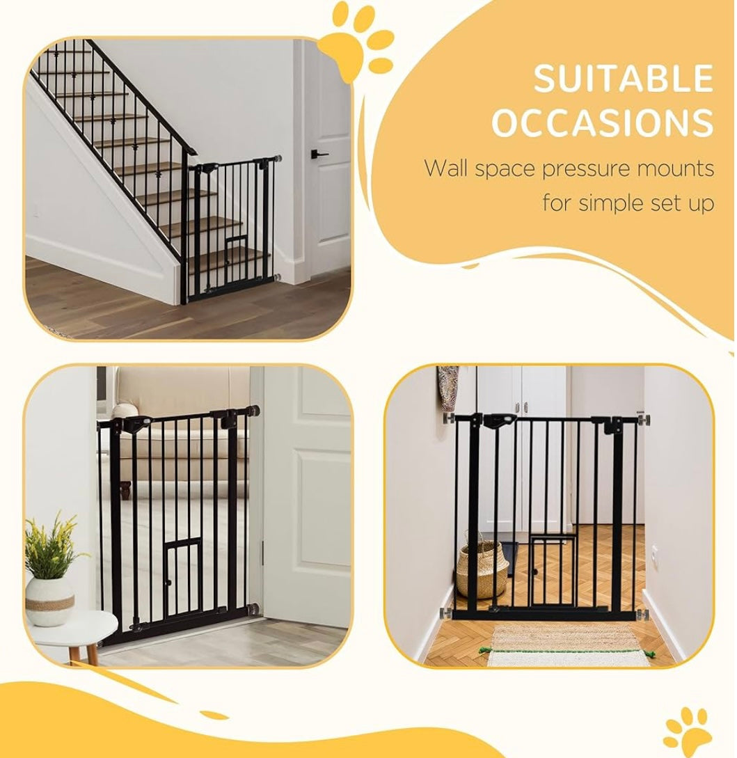 PawHut Alloy Steel Auto-Close Pet Gate – Safety Gate with Cat Door