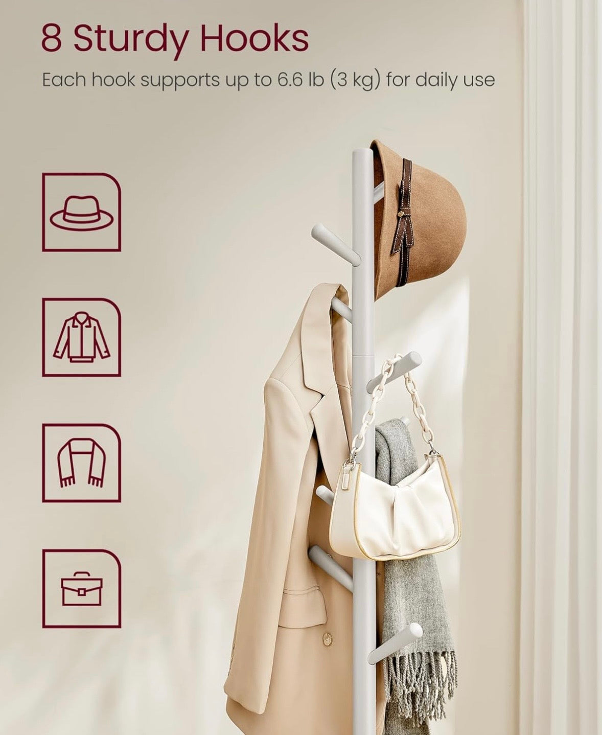 VASAGLE Adjustable Coat Rack – Freestanding Wooden Coat Tree