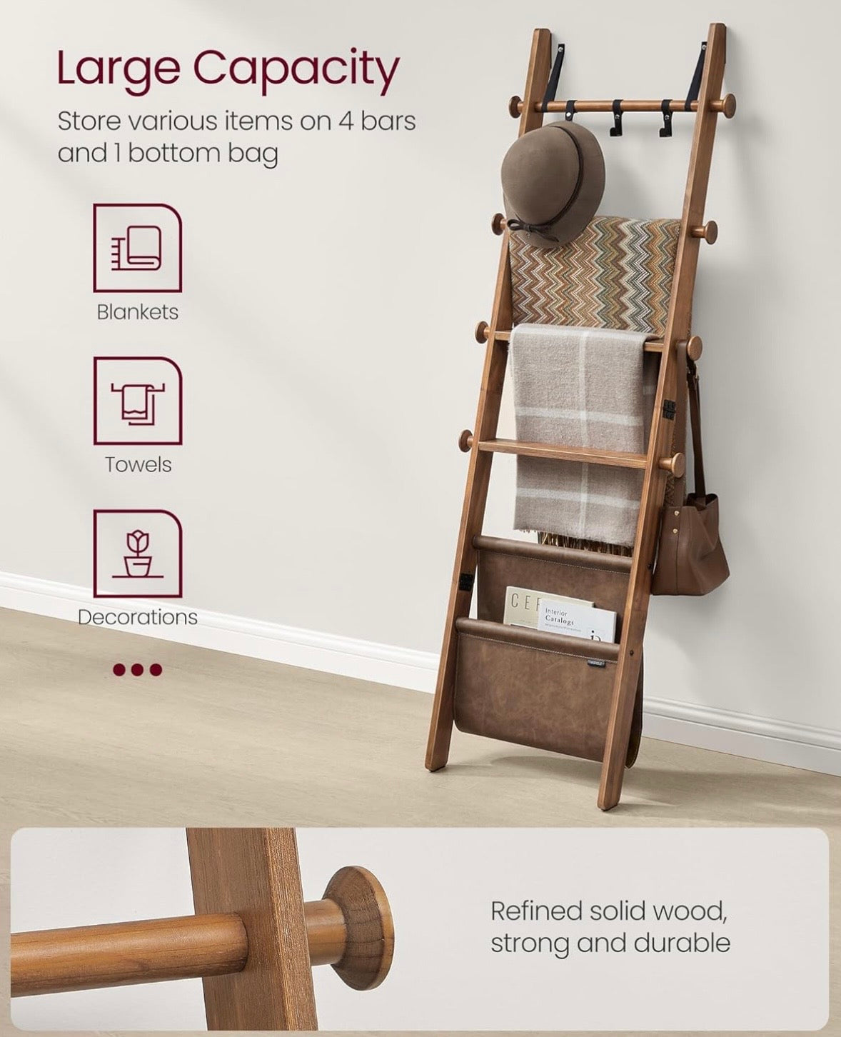 5-Tier Wooden Blanket Ladder with Hooks