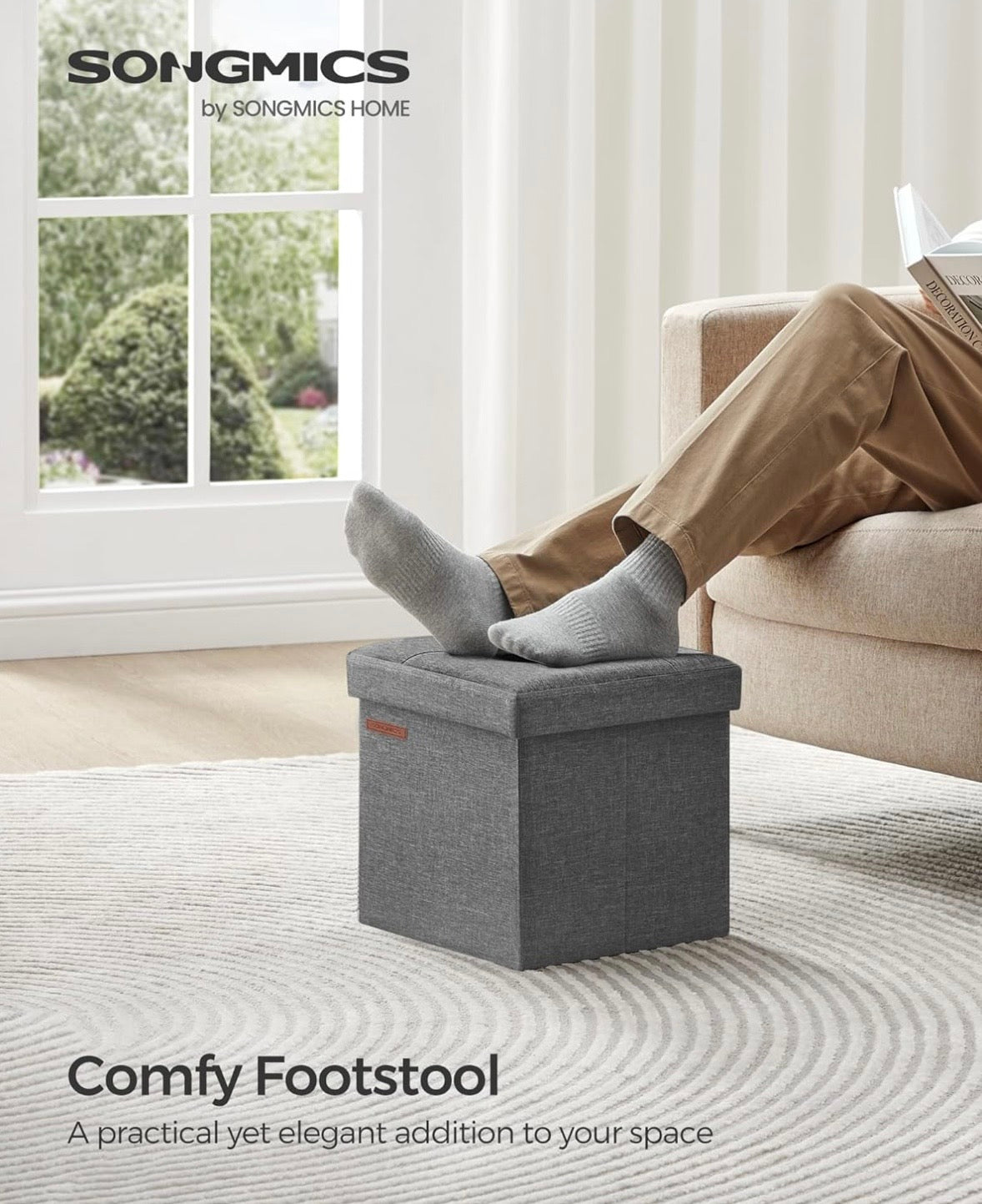SONGMICS Foldable Storage Ottoman Cube – Dark Gray