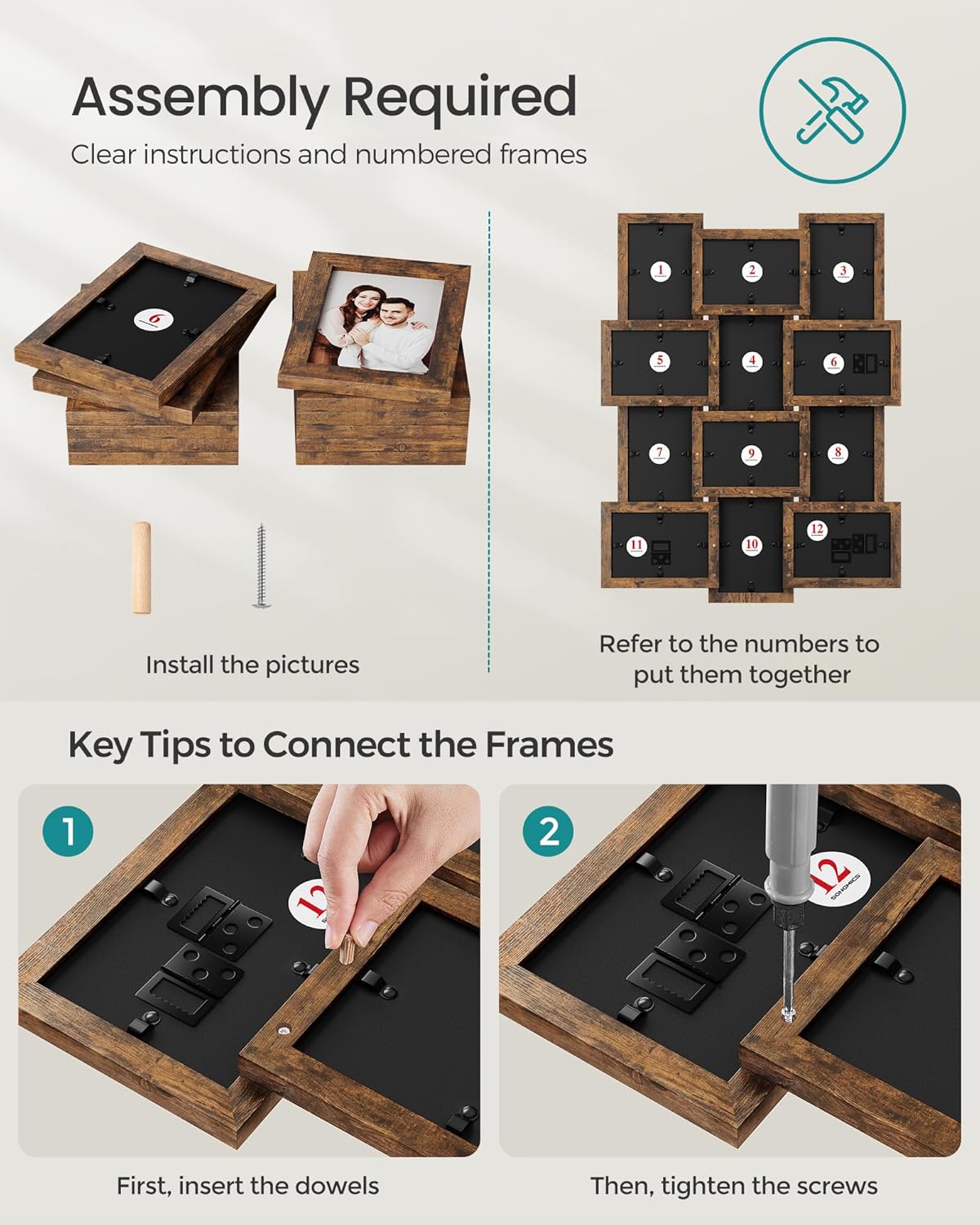SONGMICS 12-Opening Collage Photo Frame – Rustic Brown