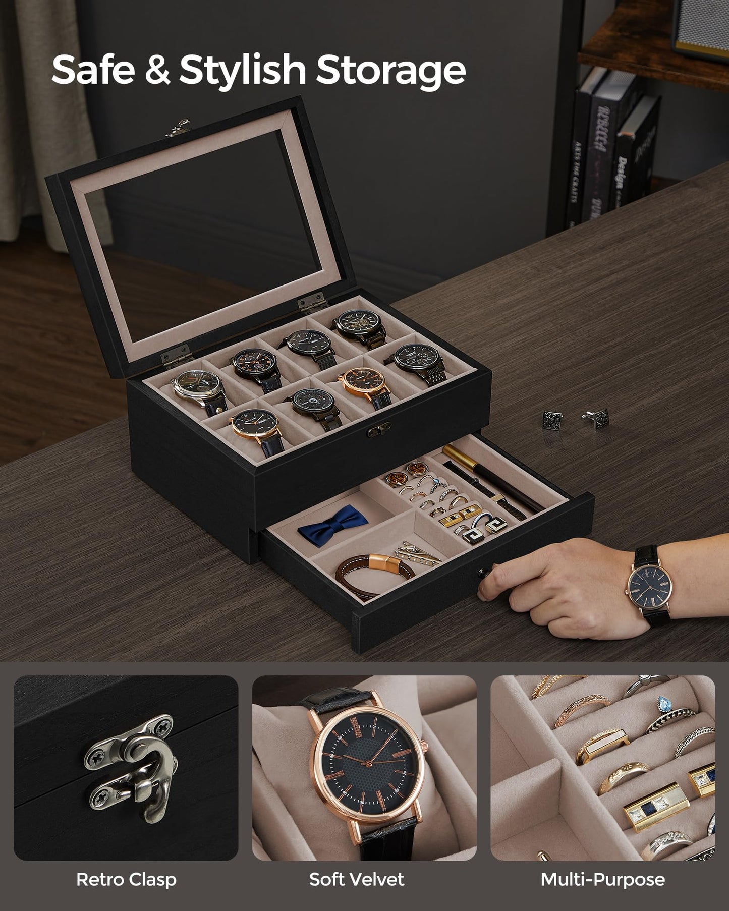 SONGMICS 2-Tier Wooden Watch & Jewelry Box
