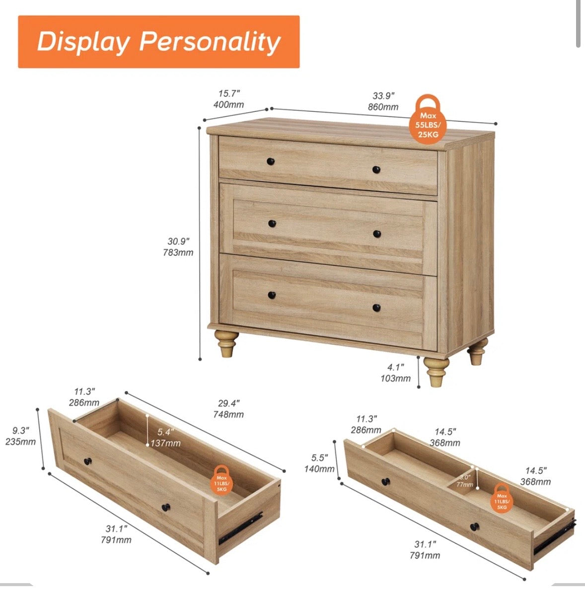 Farmhouse 3-Drawer Dresser – Distressed Ivory