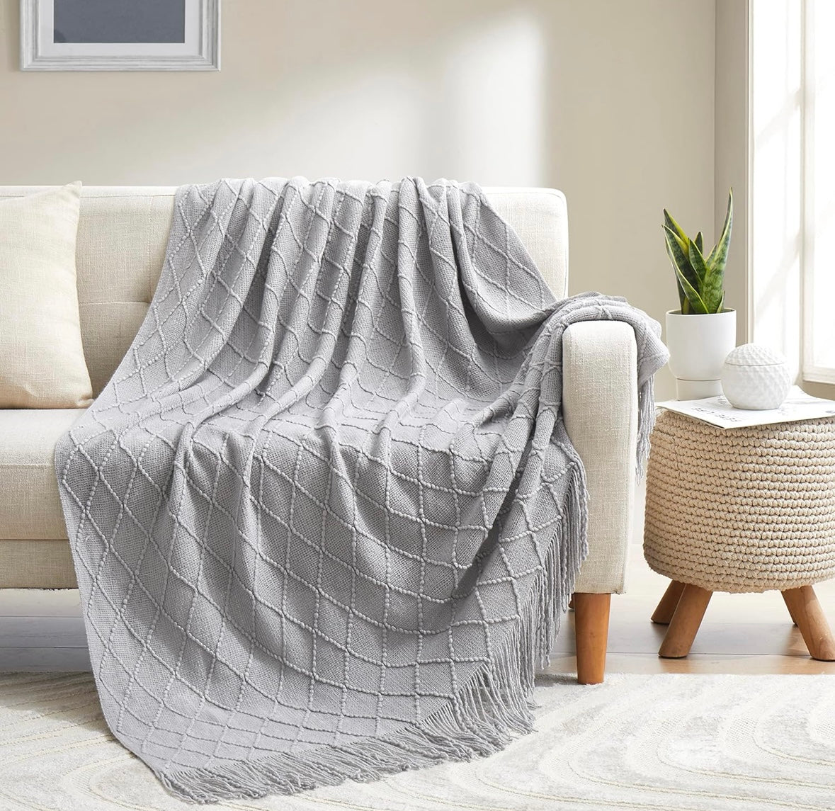 NEW – Counfeisly Grey Acrylic Knit Throw Blanket with Tassels – 50” x 60”