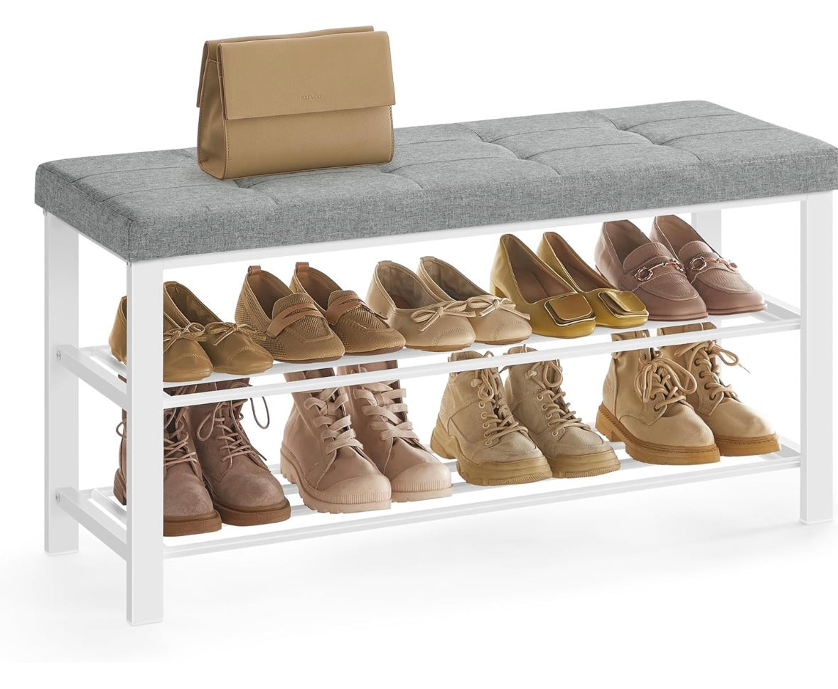 Modern 2-Tier Shoe Bench with Padded Seat — Dark Gray + Cloud White