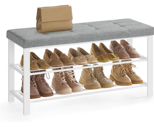 Modern 2-Tier Shoe Bench with Padded Seat — Dark Gray + Cloud White