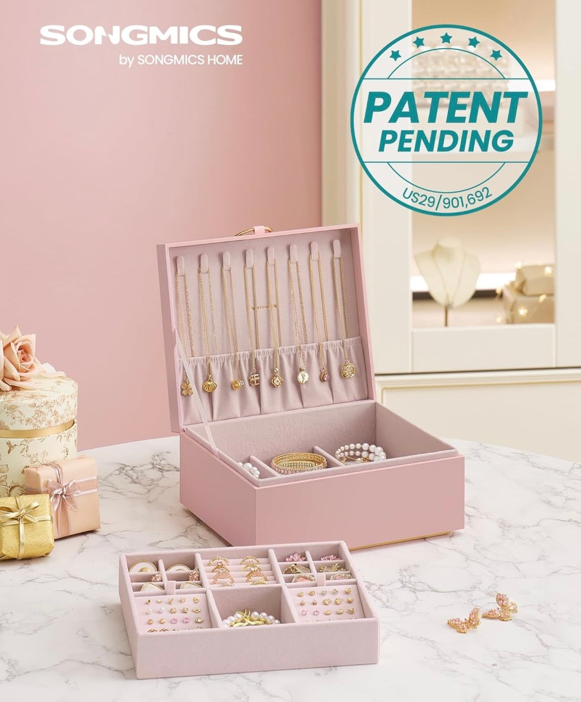SONGMICS Elegant Jewelry Box – Jelly Pink & Gold