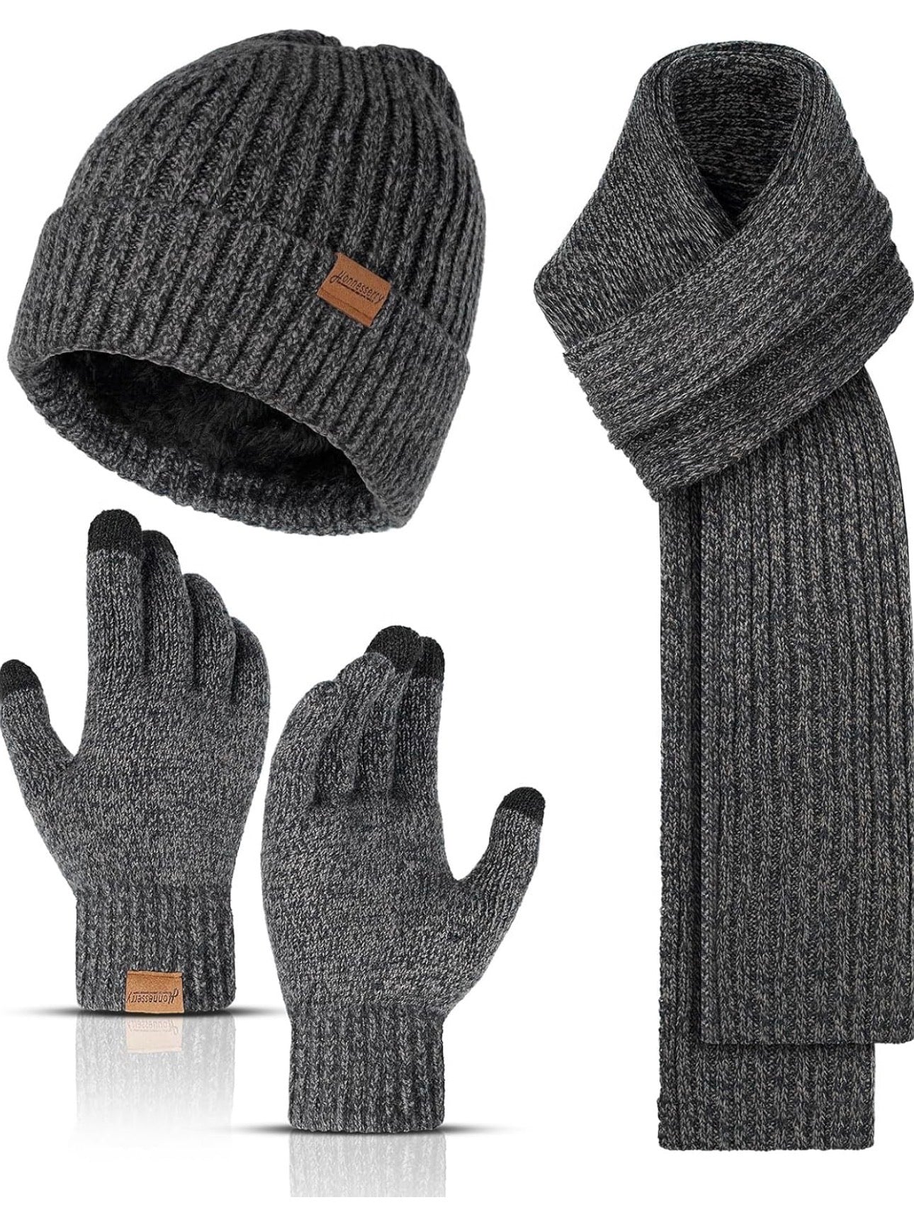 Honnesserry Winter Knit Scarf, Beanie & Touchscreen Gloves Set