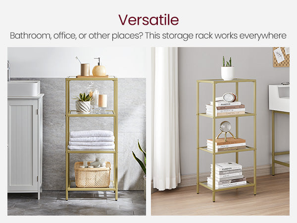 VASAGLE 4-Tier Glass Display Shelf – Pale Gold Frame