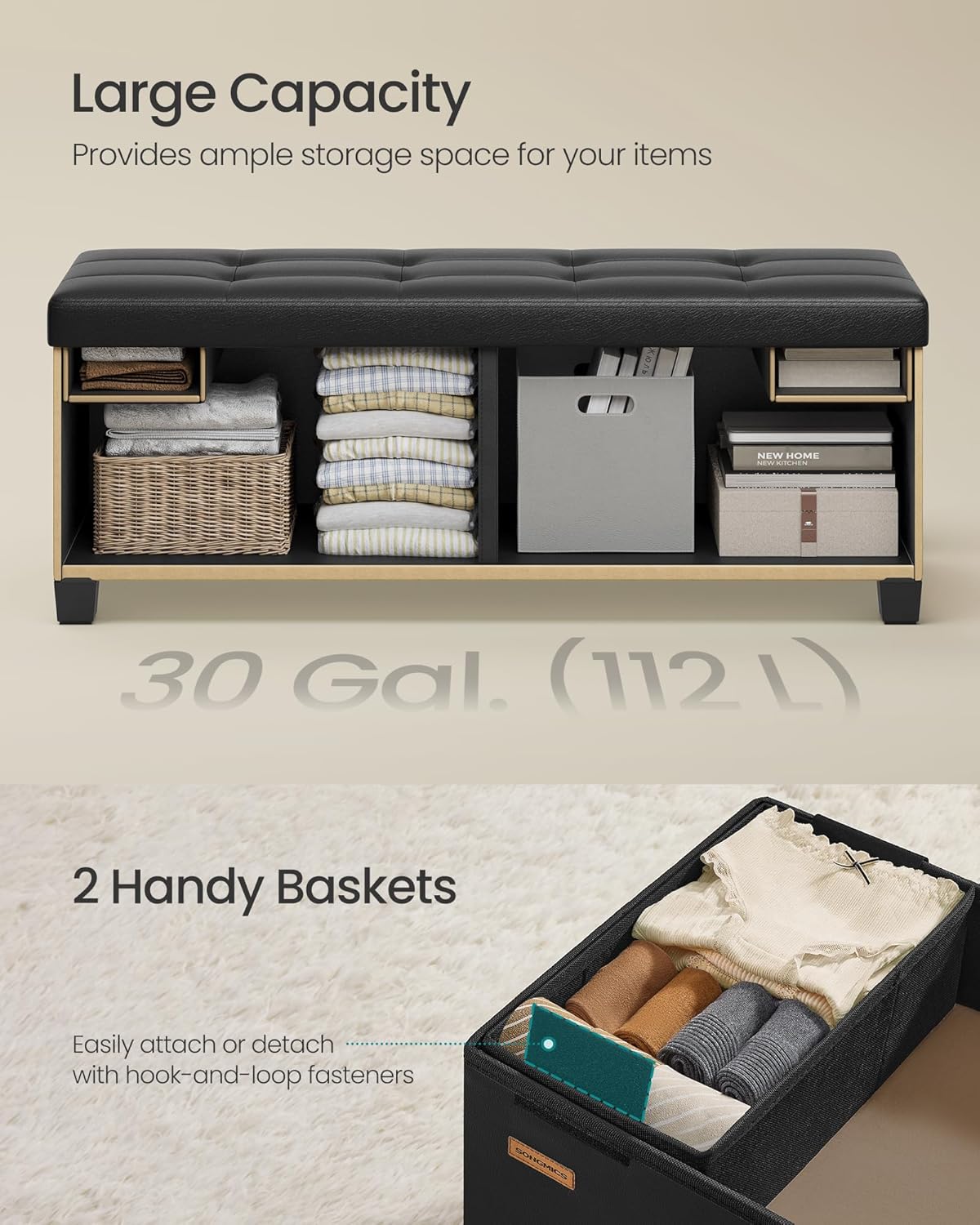 SONGMICS Foldable Storage Ottoman Bench – Ink Black (110 cm)