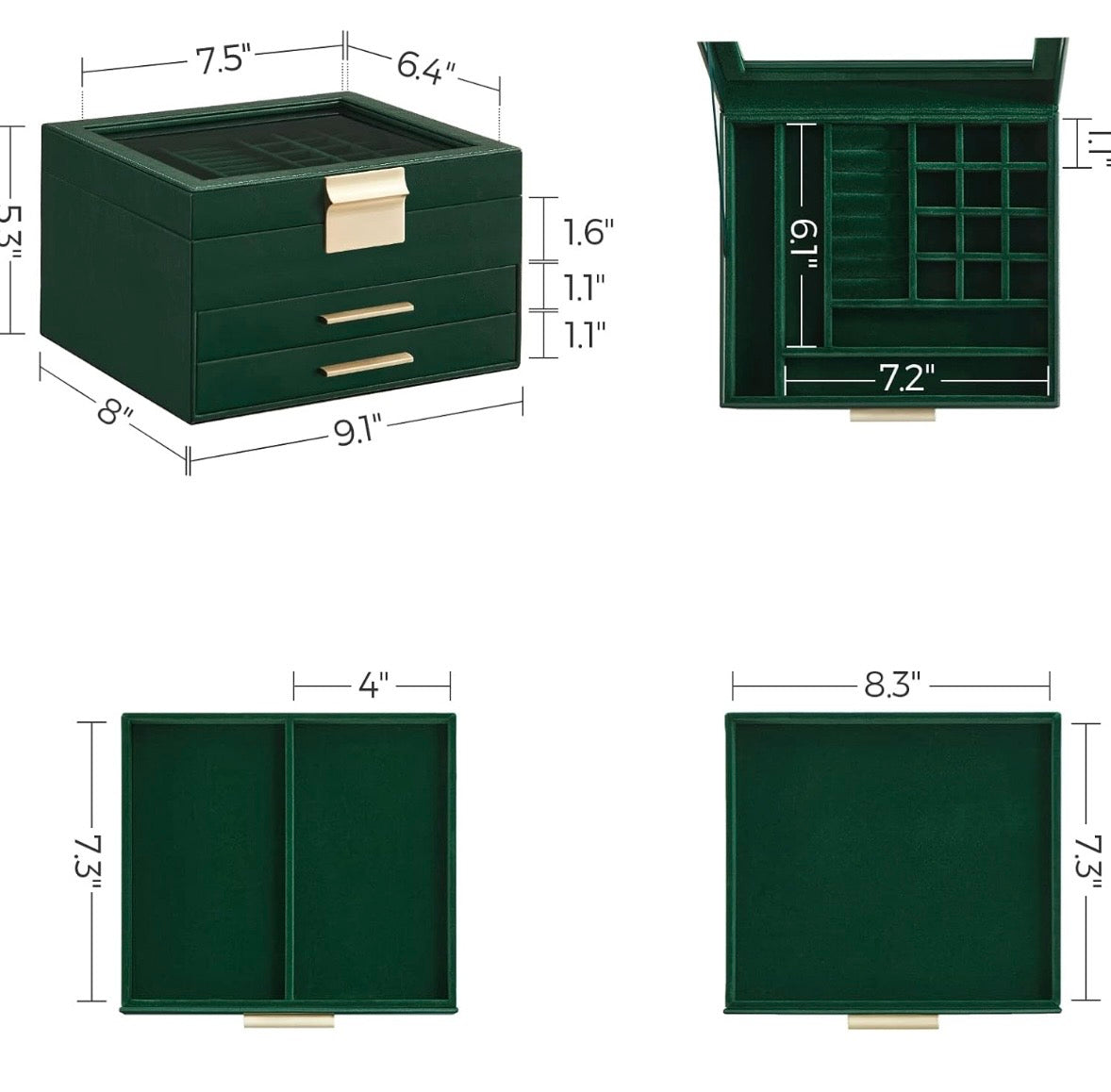 SONGMICS 3-Layer Jewelry Box with Glass Lid