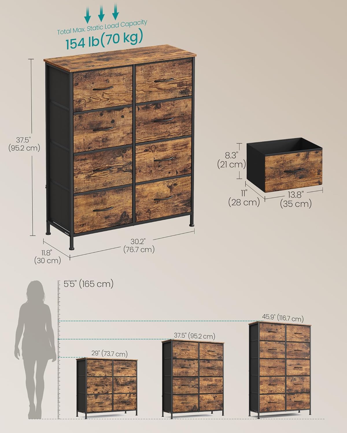 8-Drawer Fabric Dresser – Rustic Brown & Ink Black