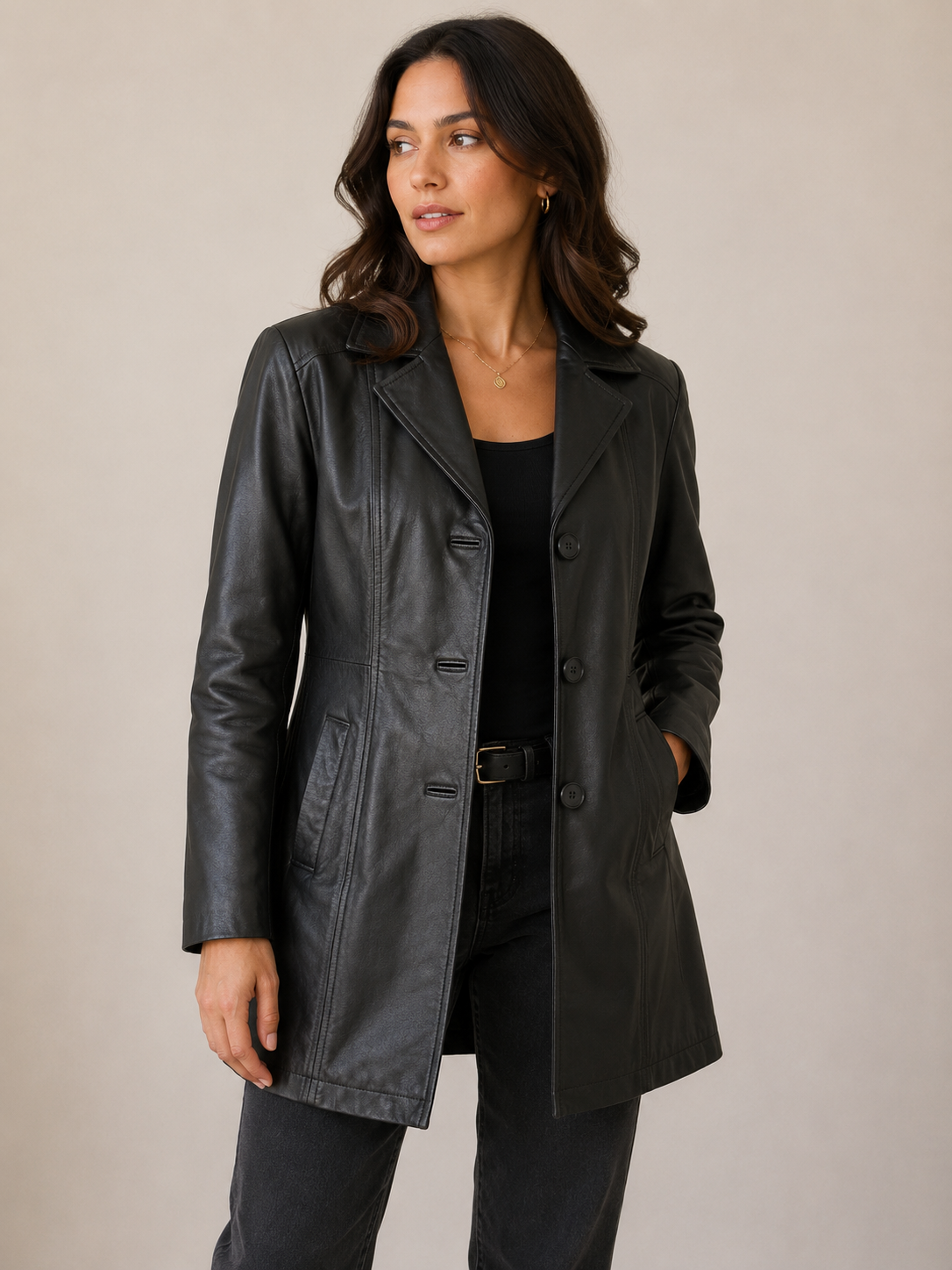 Women’s Mid-Length Leather Jacket – Size XS