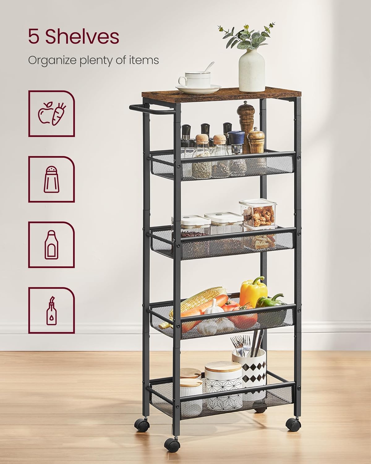 VASAGLE 5-Tier Slim Rolling Storage Cart