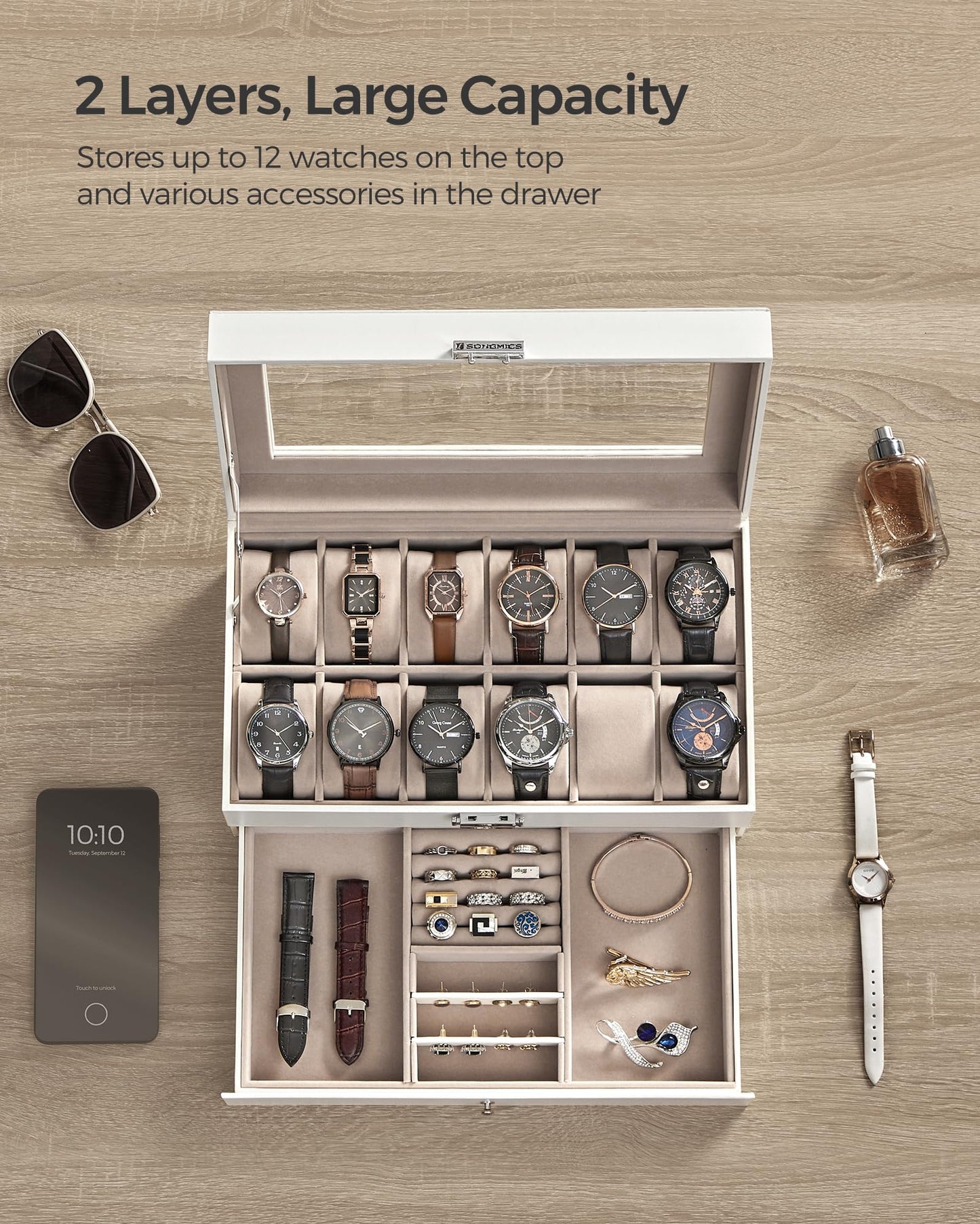 12-Slot Watch Box with Jewelry Drawer