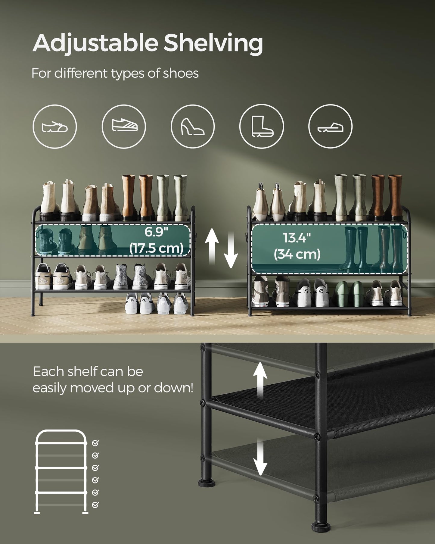 Adjustable 3-Tier Shoe Rack with Hooks
