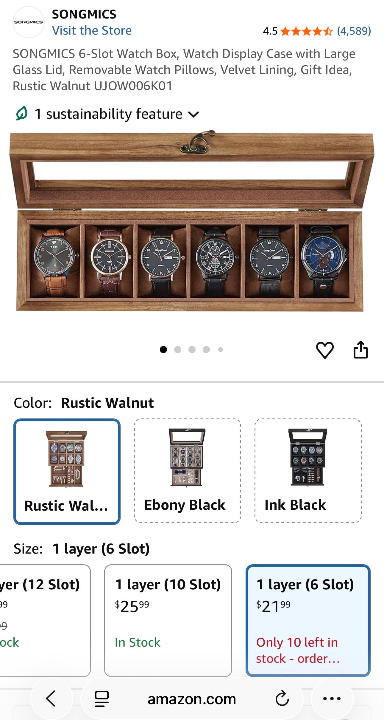 SONGMICS Rustic Walnut Watch Box – 6-Slot Display Case