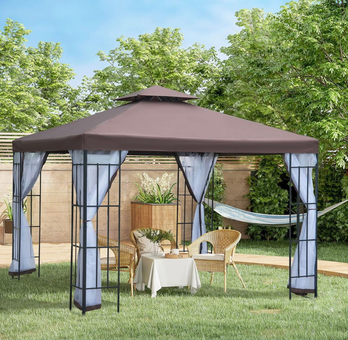 Outsunny 10’ x 10’ Double Roof Patio Gazebo – Aluminum Frame | Mesh Curtains | Water-Resistant Canopy