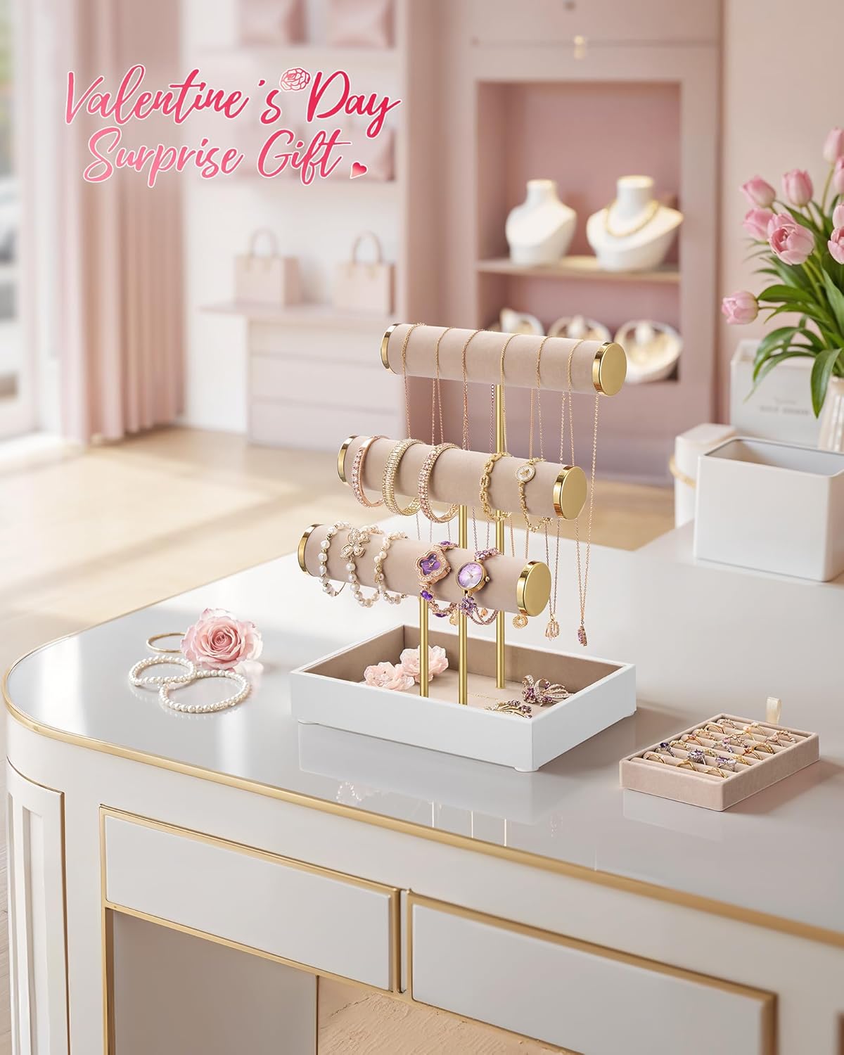 SONGMICS Jewelry Display Stand – Cloud White + Camel Brown