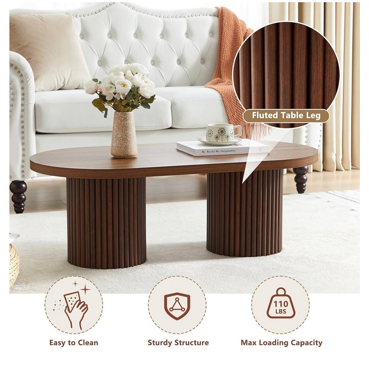 AVZEAR Fluted Oval Coffee Table – Walnut Finish