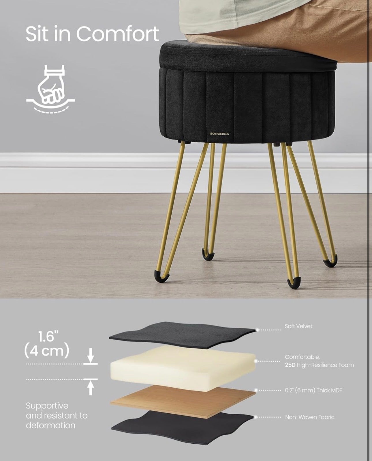 SONGMICS Velvet Round Storage Ottoman