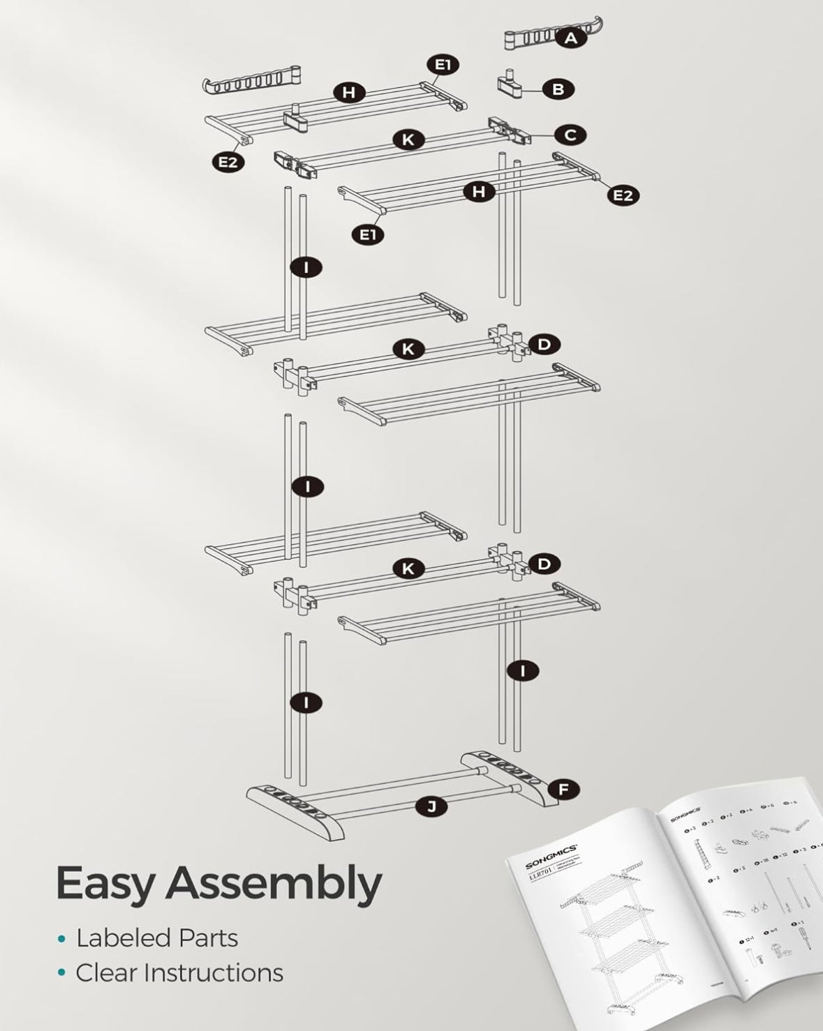 VASAGLE 4-Tier Foldable Clothes Drying Rack — Heavy-Duty Stainless Steel (Dove Grey)
