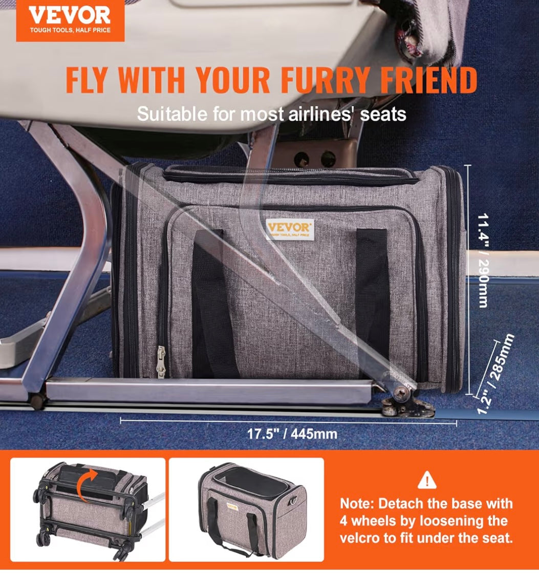 VEVOR Airline-Approved Rolling Pet Carrier — Expandable Cat & Small Dog Travel Bag (Grey)