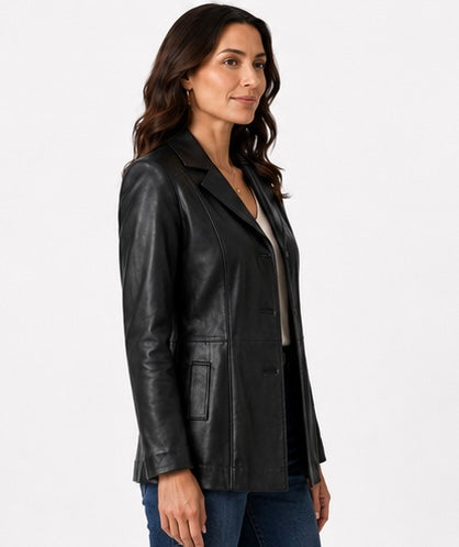Women’s Tailored Black Leather Jacket – Medium