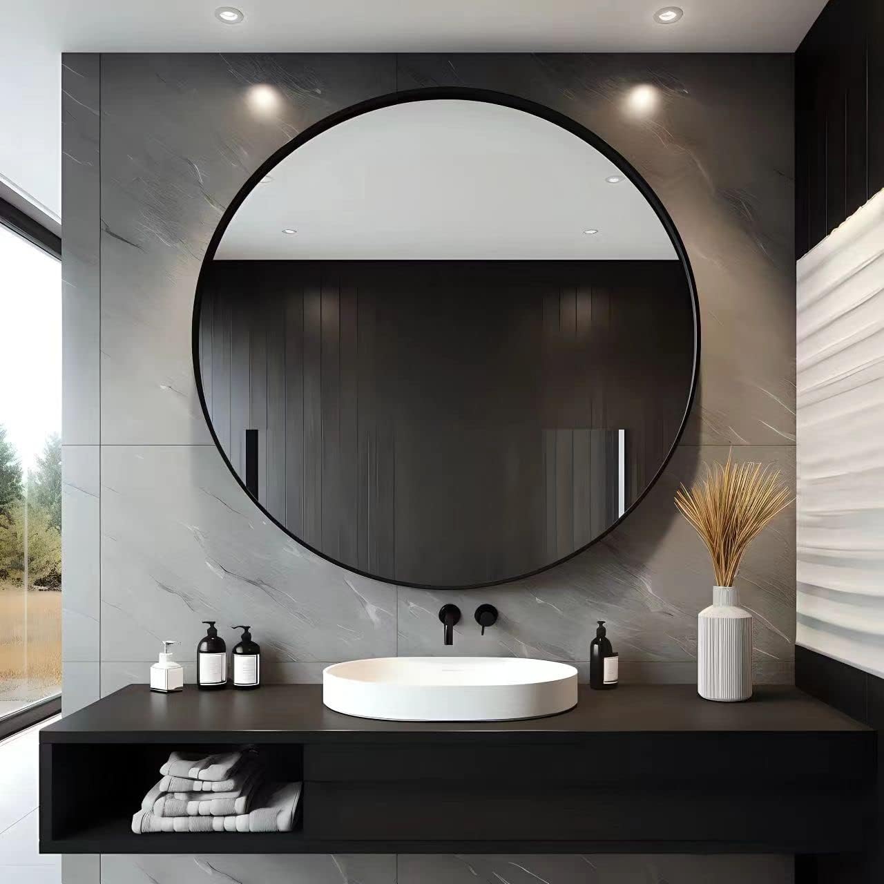 USHOWER 30” Round Wall Mirror – Black Frame