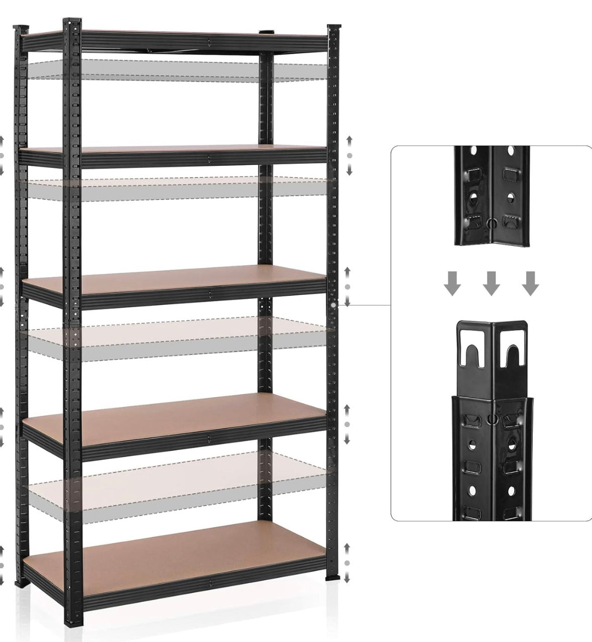 Heavy-Duty 5-Tier Adjustable Garage Storage Shelf – 875 kg Capacity (Steel Frame + Wood Shelves)
