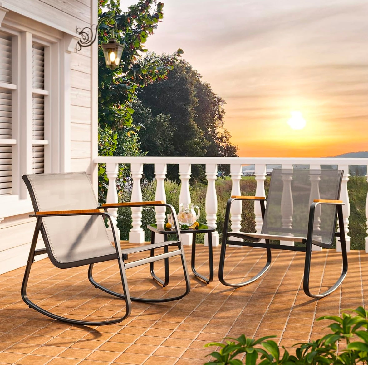 Modern Outdoor Rocking Bistro Set – Patio Conversation Set w/ Glass Table (Black)