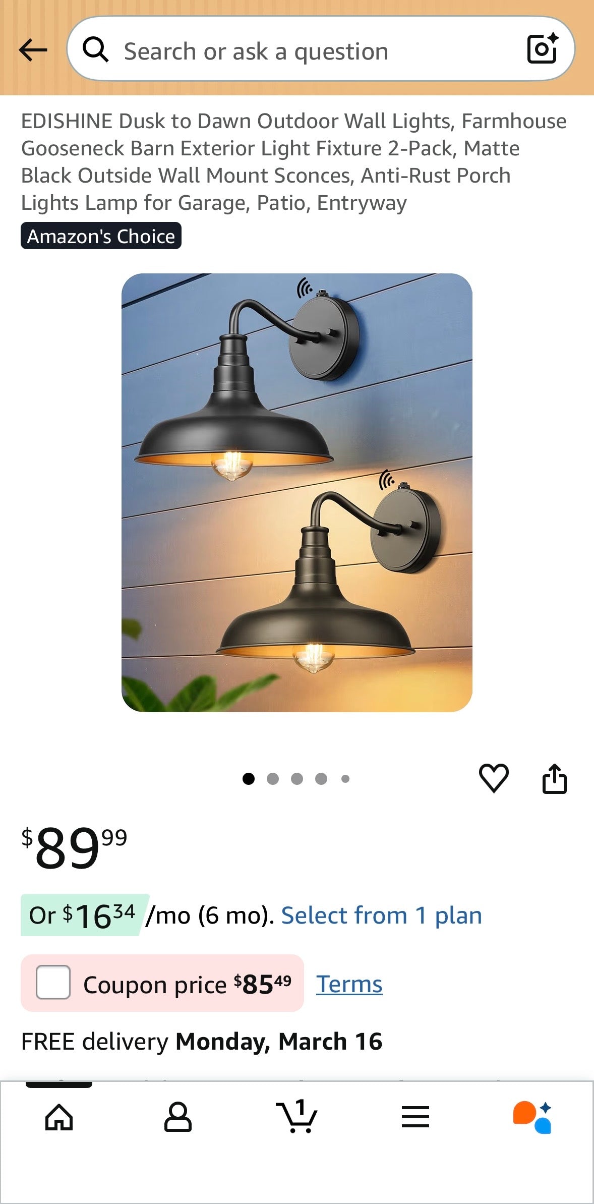 EDISHINE Dusk-to-Dawn Gooseneck Wall Light – Black & Gold (2-Pack)