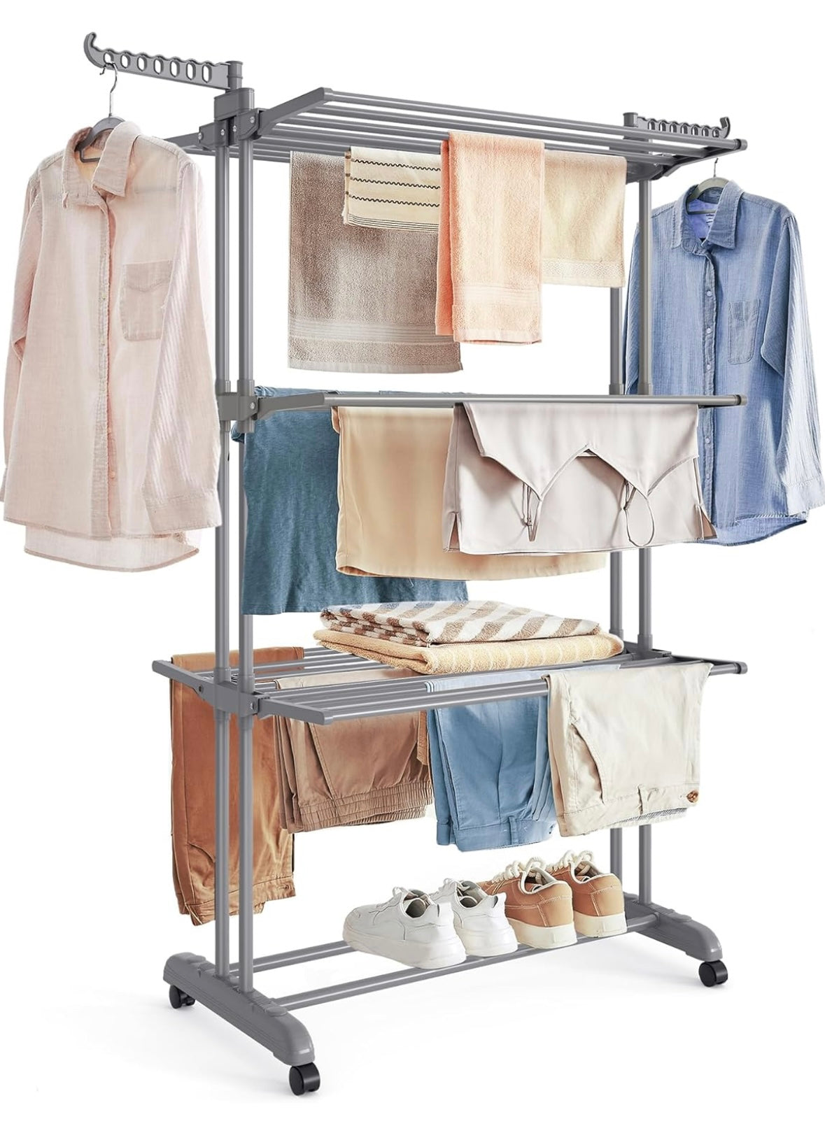VASAGLE 4-Tier Foldable Clothes Drying Rack — Heavy-Duty Stainless Steel (Dove Grey)