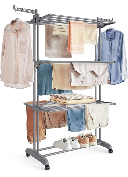 VASAGLE 4-Tier Foldable Clothes Drying Rack — Heavy-Duty Stainless Steel (Dove Grey)