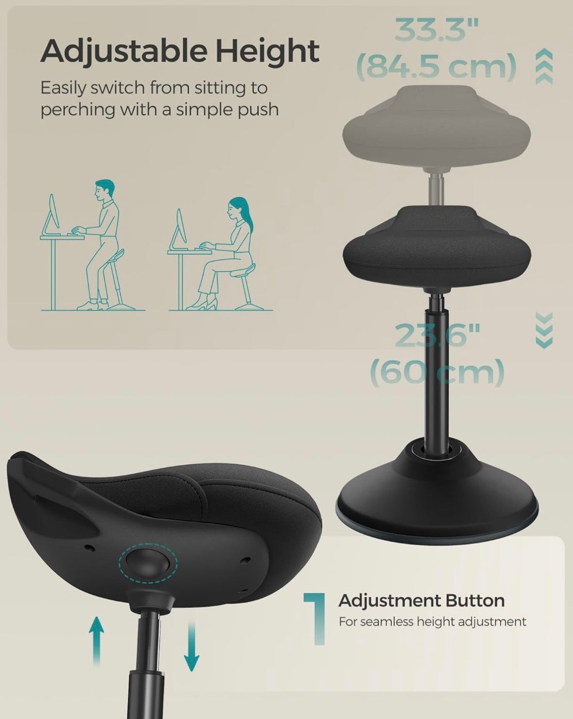 SONGMICS Ergonomic Wobble Stool – Adjustable Active Sitting Chair (Ink Black)