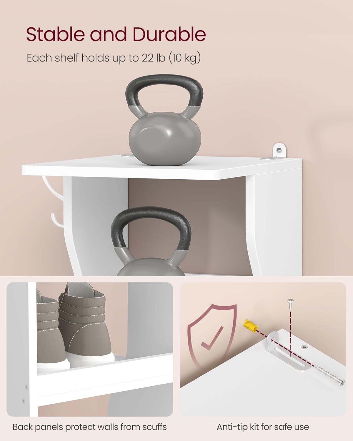9-Tier Slim Shoe Rack with Hooks – White