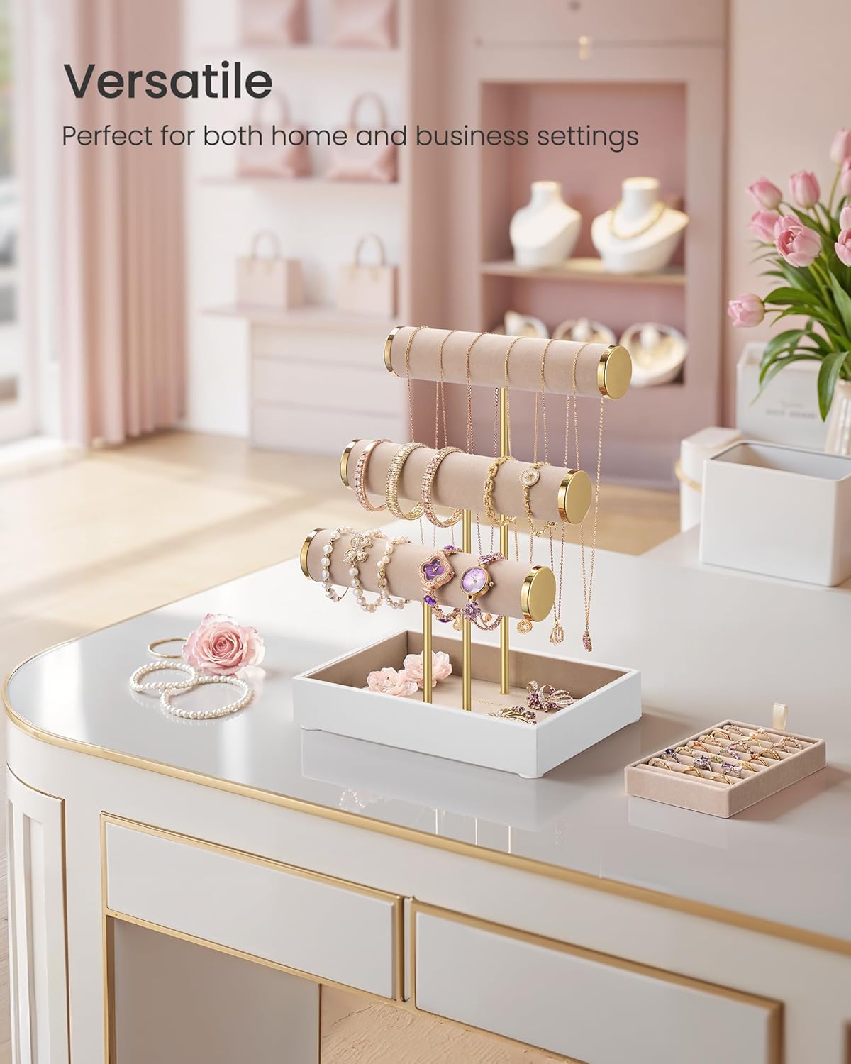 SONGMICS Jewelry Display Stand – Cloud White + Camel Brown