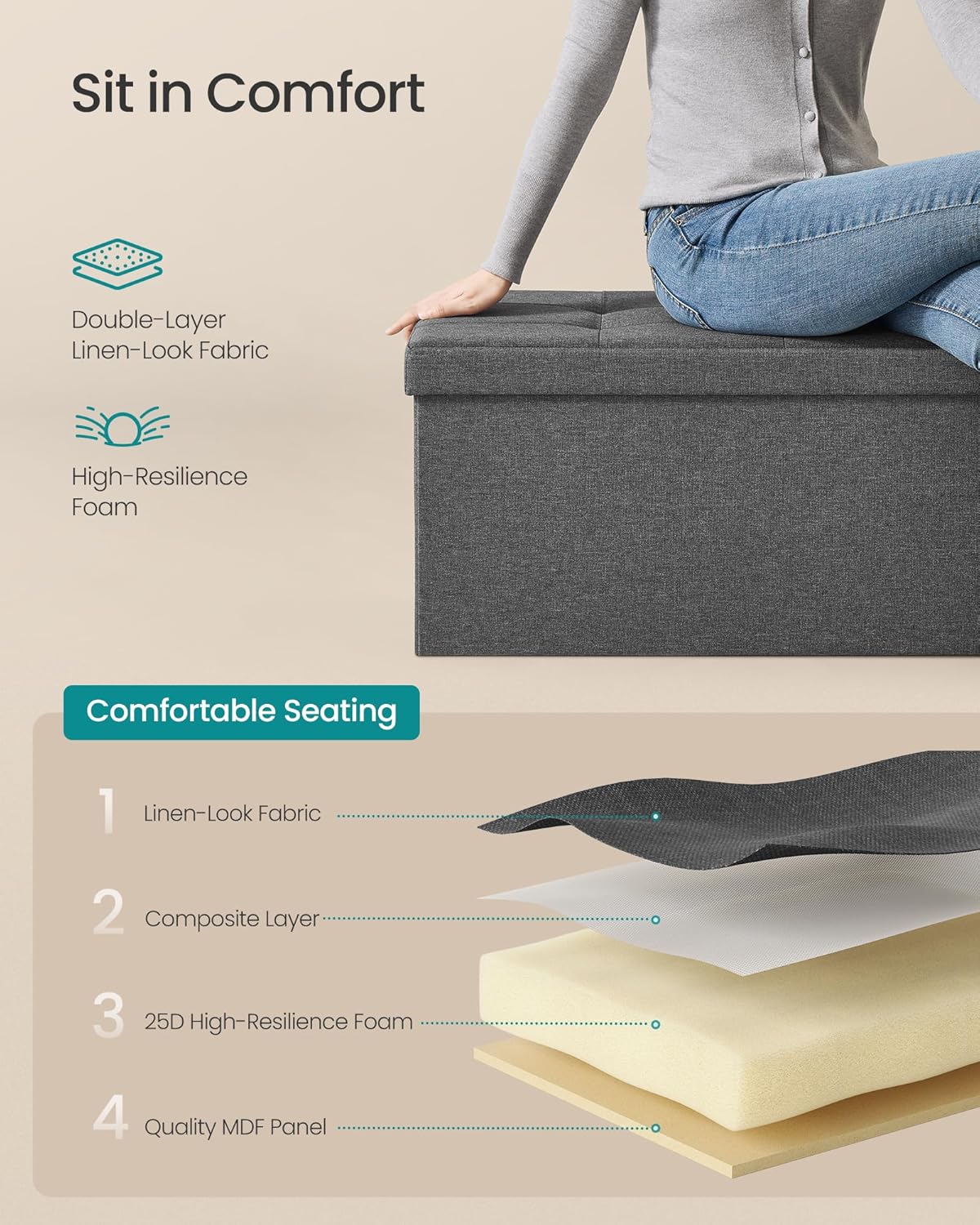 SONGMICS MAZIE Storage Ottoman Bench – Dark Gray