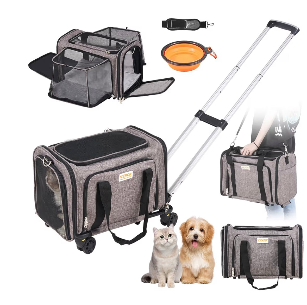 VEVOR Airline-Approved Rolling Pet Carrier — Expandable Cat & Small Dog Travel Bag (Grey)
