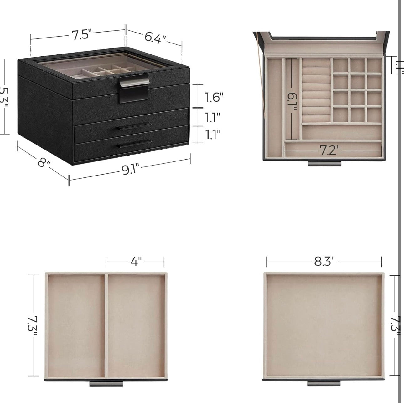 SONGMICS 3-Layer Jewelry Box Organizer with Glass Lid