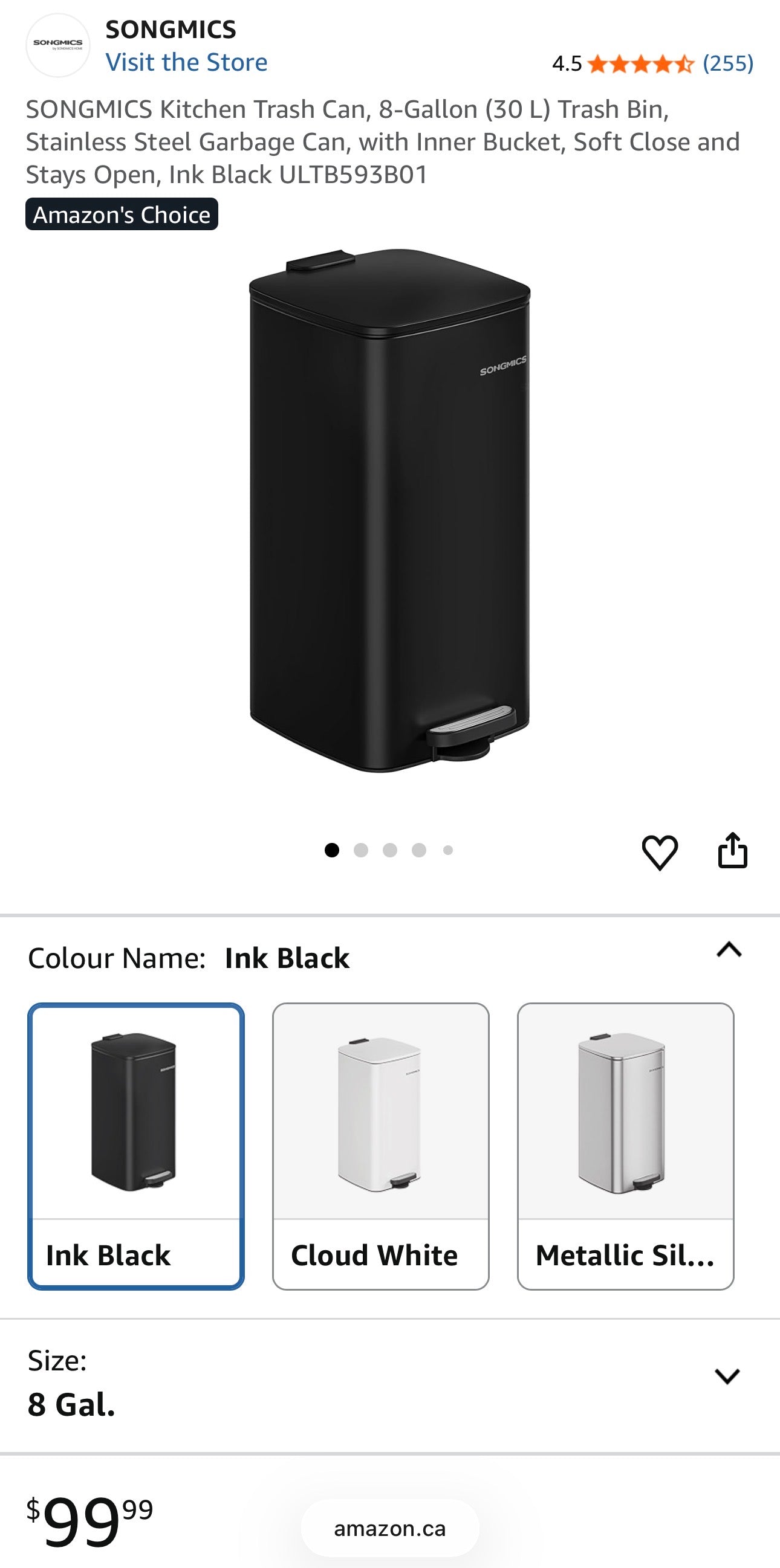 SONGMICS 8-Gallon Stainless Steel Step-On Trash Can