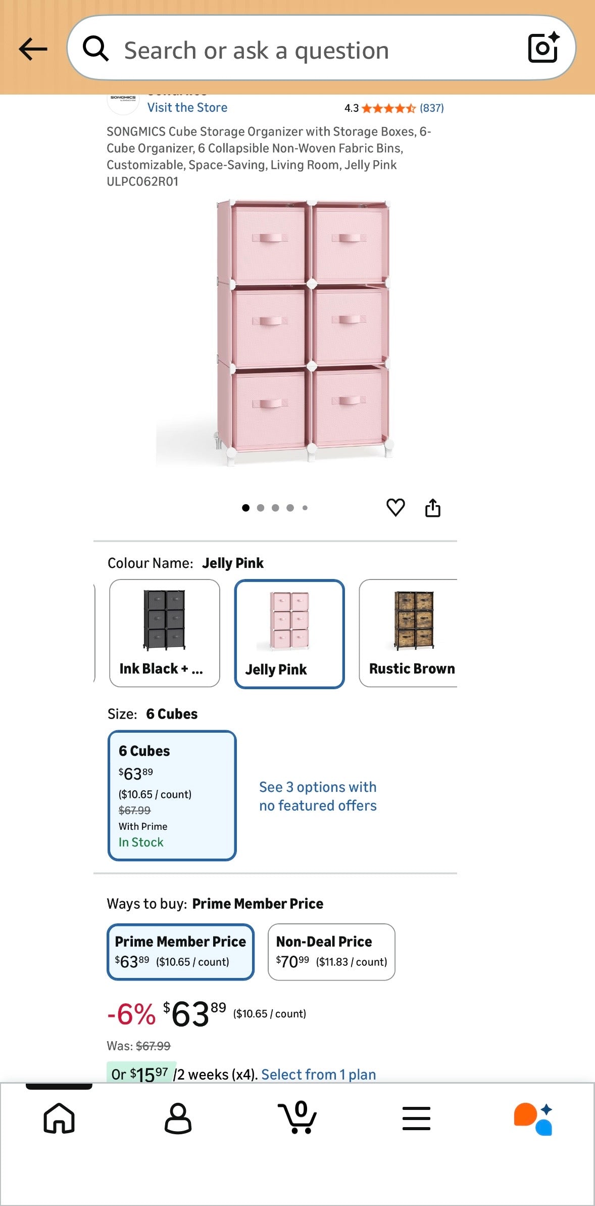 SONGMICS 6-Cube Storage Organizer w/ Fabric Bins – Jelly Pink