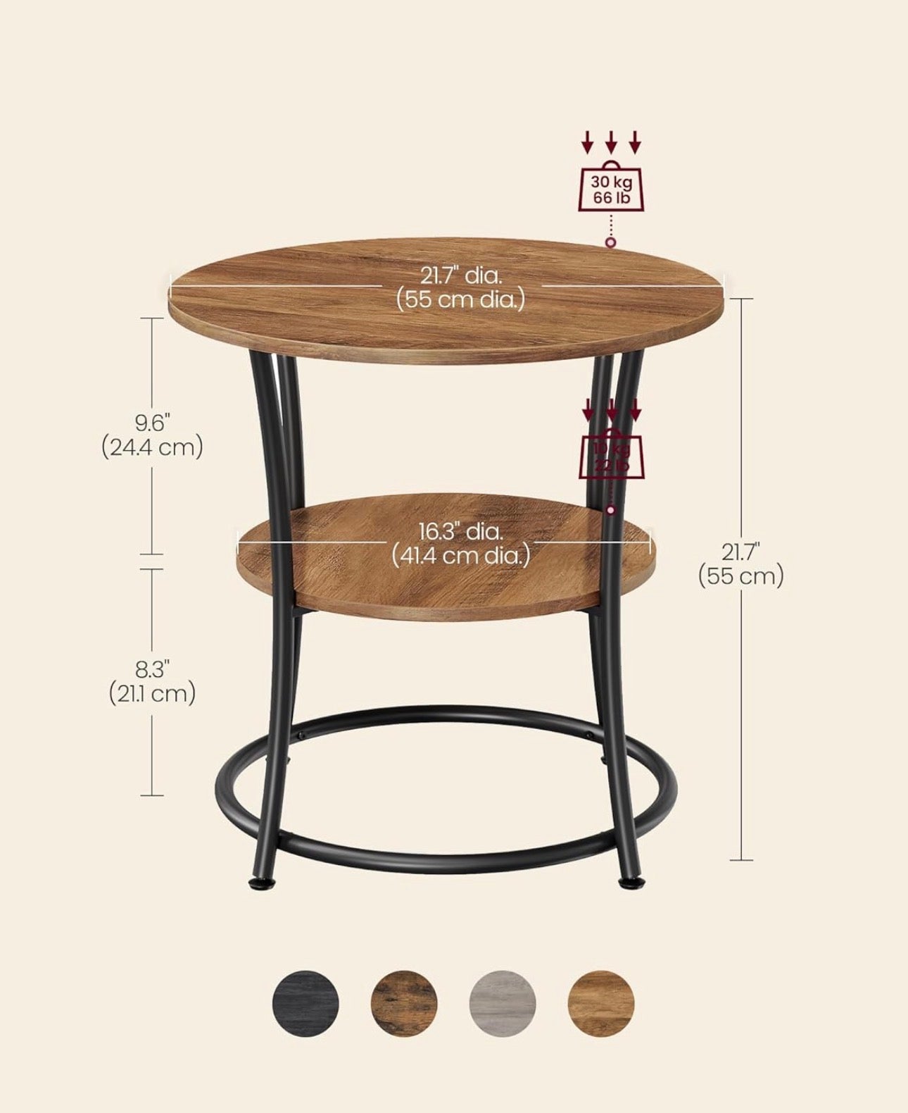VASAGLE 2-Tier Round Side Table