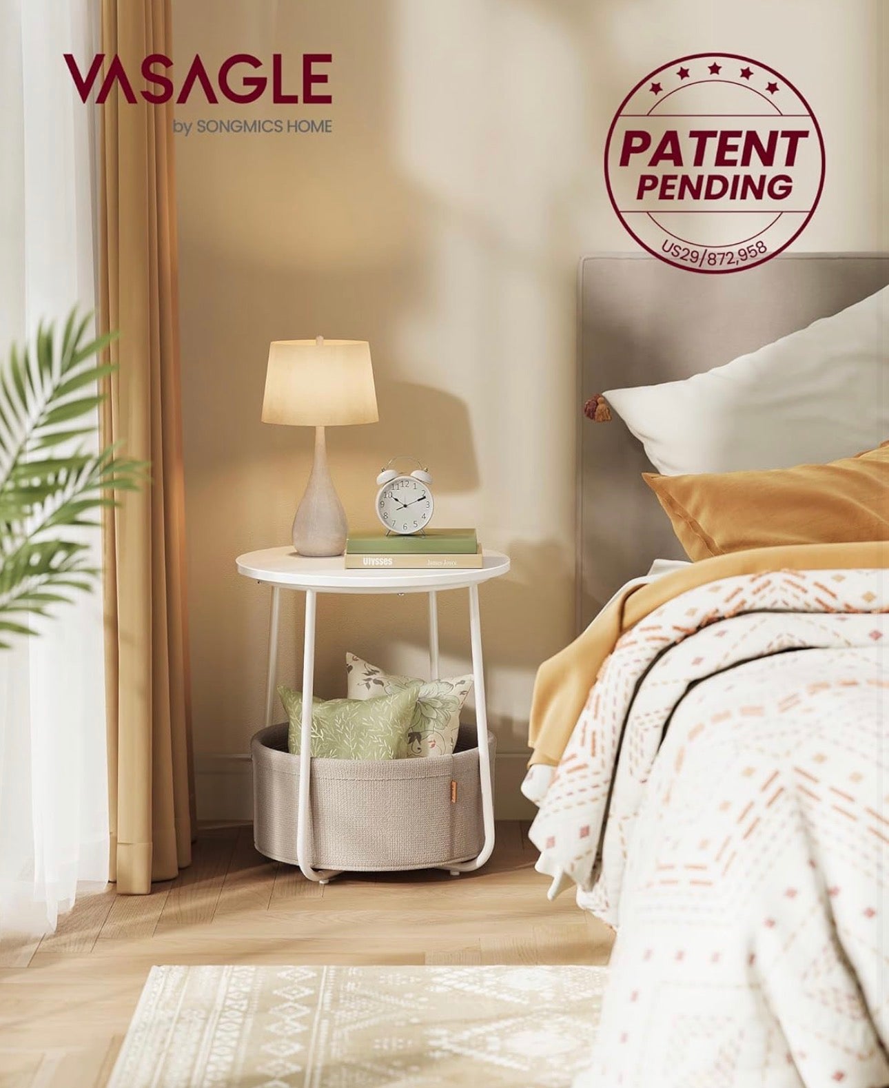 VASAGLE LILEA Round Side Table with Fabric Basket